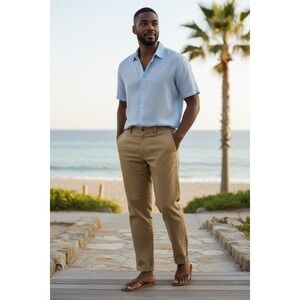 Baird McNutt Murano Linen Trouser Pants Men's 38x30 Tan Cuffed Coastal Resort